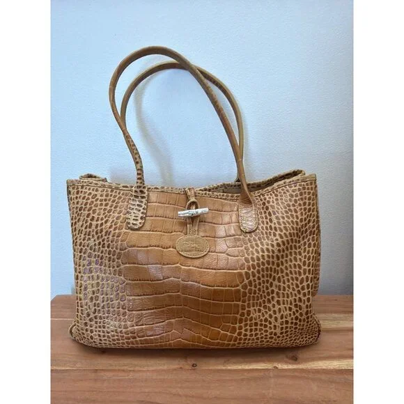 Longchamp Tan Croc-Embossed Roseau Leather Tote Handbag With Silver Toggle Closu